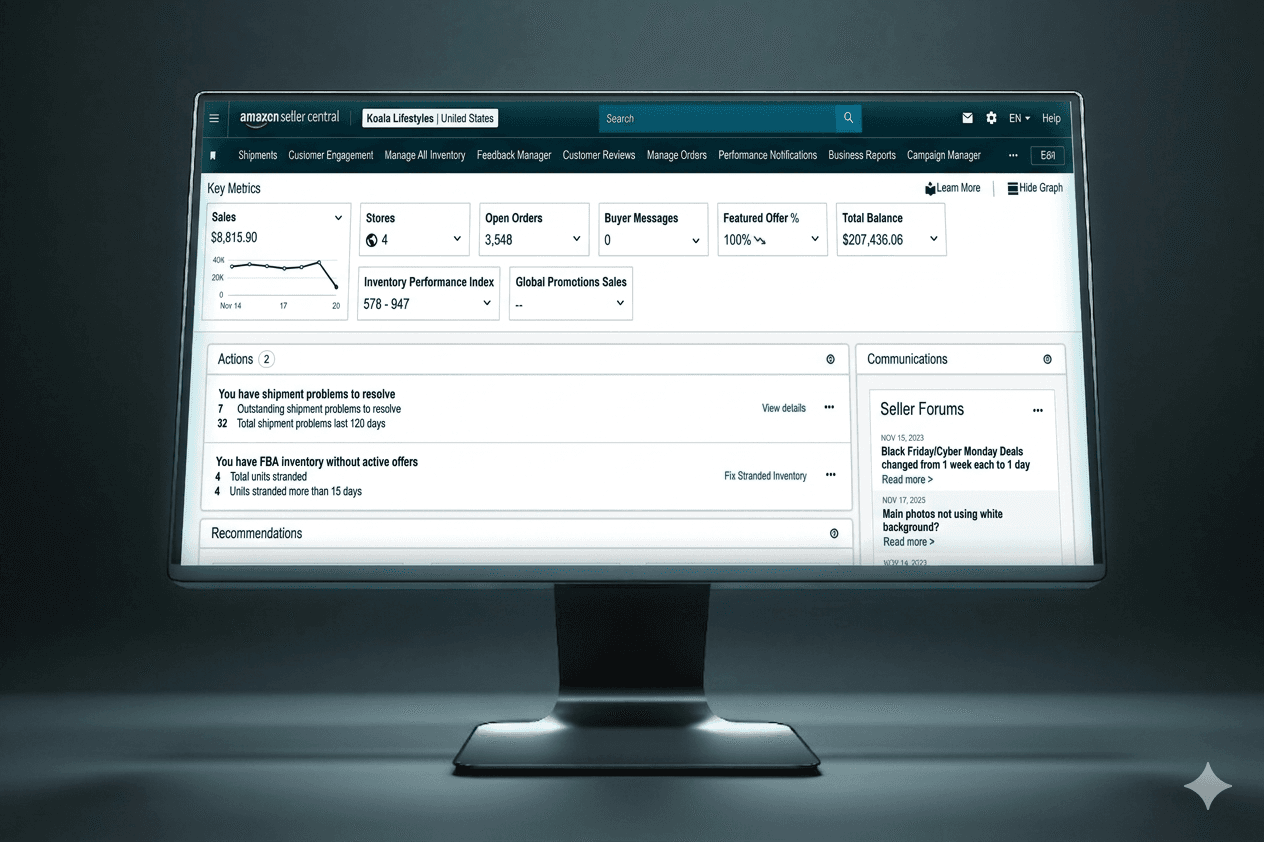 Amazon Seller Central sales snapshot showing strong YTD ordered product sales