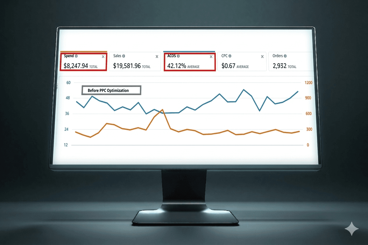 Amazon Advertising dashboard before PPC optimization showing high ACOS